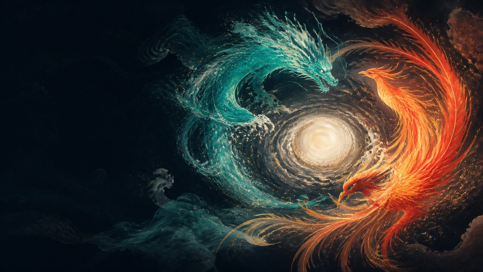 A jade dragon current and vermilion phoenix plume circling a luminous arena
